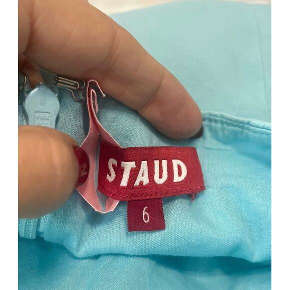 Staud Elio Tiered Mini Dress Women's sz. 6 in Turquoise Off the Shoulders - Picture 4 of 9